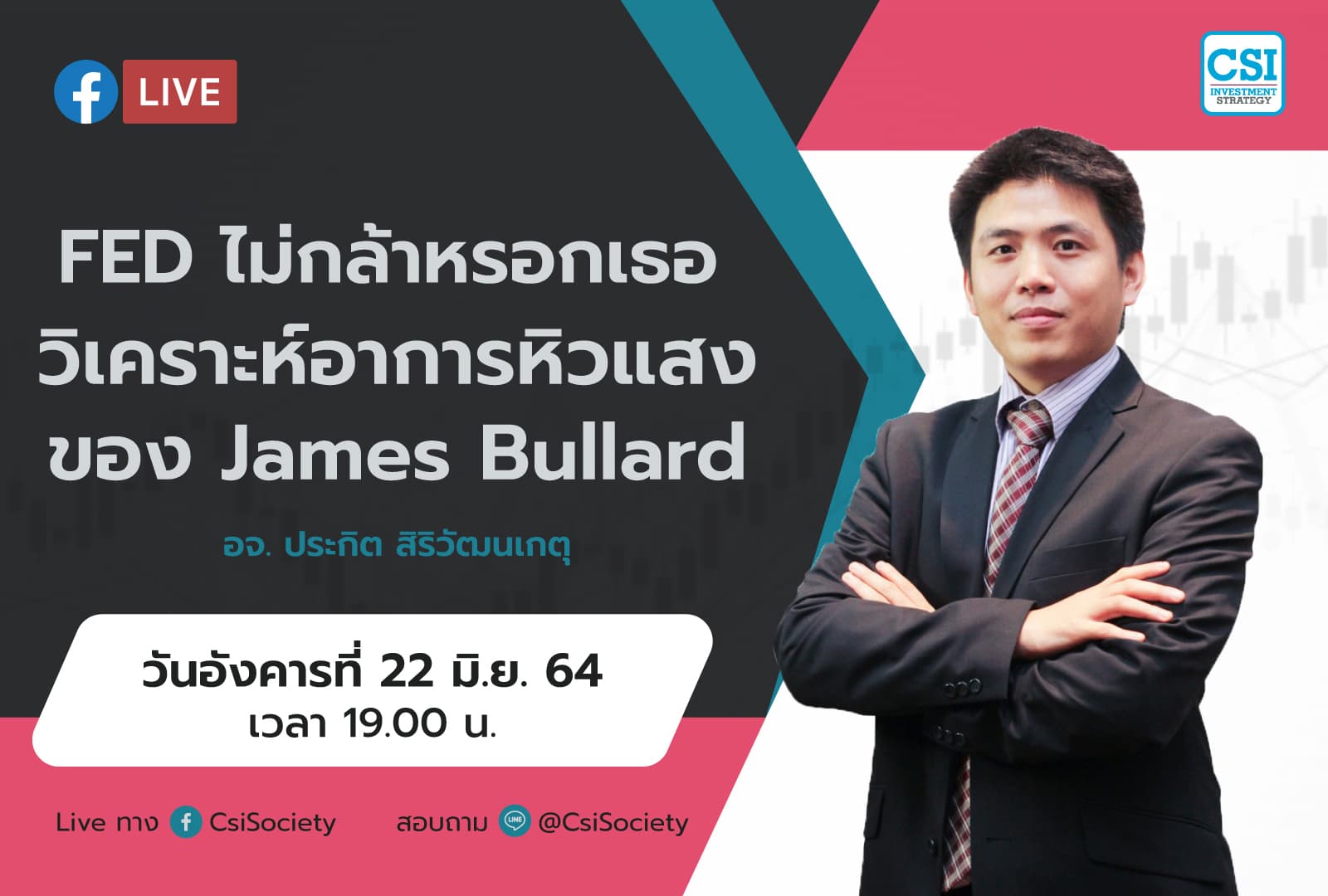 22 มิ.ย. 64 "FED ไม่กล้าหรอกเธอ : วิเคราะห์อาการหิวแสงของ James Bullard" อจ. ปิง ประกิต สิริวัฒนเกตุ