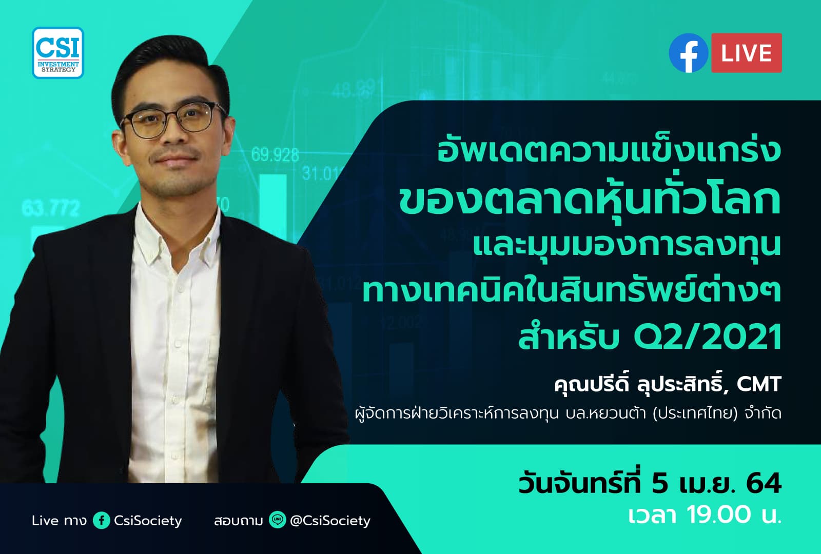 5 เม.ย. 2564 "อัพเดตความแข็งแกร่งของตลาดหุ้นทั่วโลก​ และมุมมองการลงทุนทางเทคนิคในสินทรัพย์ต่างๆ​สำหรับ Q2/2021"  อ. ปรีดิ์ ลุประสิทธิ์, CMT  ผู้จัดการฝ่ายวิเคราะห์การลงทุน บล.หยวนต้า (ประเทศไทย) จำกัด